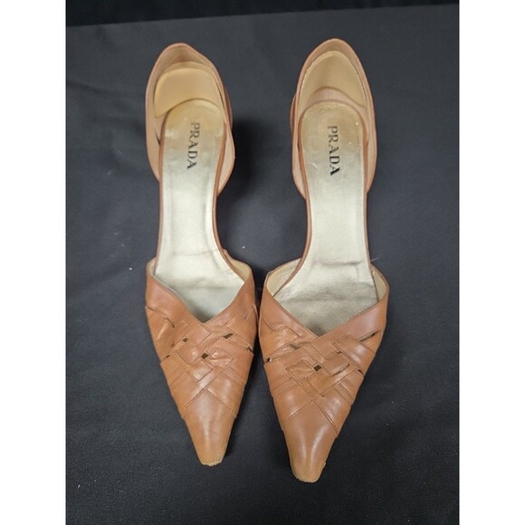 PRADA Walnut Brown Woven Leather Pointed Toe d'Orsay Wood Heel Pumps 39.5 - Picture 2 of 7
